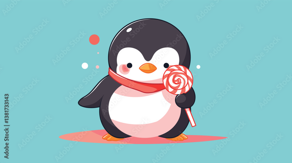 Fototapeta premium Cute cartoon penguin holding a lollipop in winter scarf on blue background