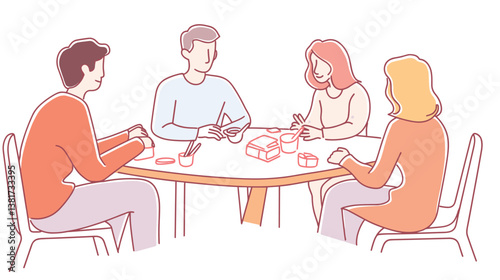 Cartoon illustration of diverse group enjoying sushi meal at table