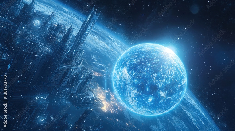 Advanced orbital habitation next to a celestial glowing body in the deep cosmos