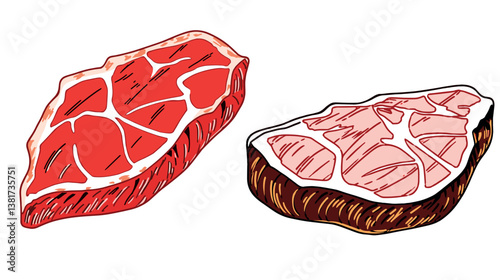 Raw and cooked steaks - culinary illustration of beef cuts