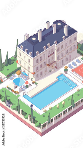 Isometric view of luxurious mansion with pool and garden