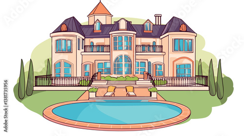 Elegant mansion with tower and pool in a lush landscape