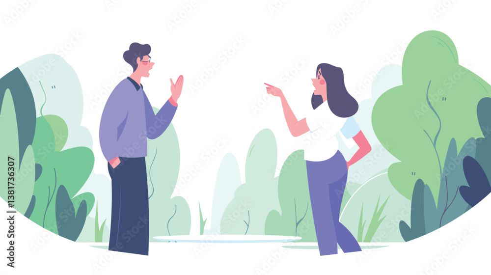 Naklejka premium Two young caucasian adults conversing in a green park setting