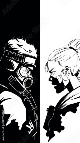 Stylized duality of male and female characters in monochrome illustration