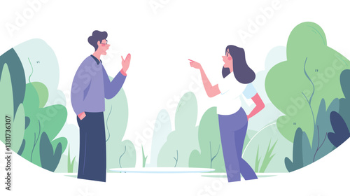 Two young caucasian adults conversing in a green park setting