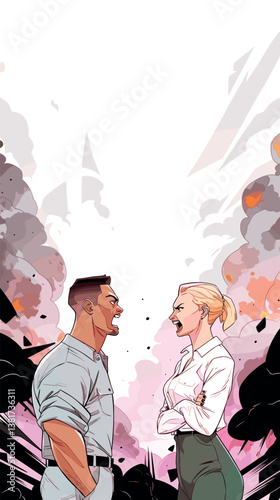 Animated male and female characters arguing amidst smoky background