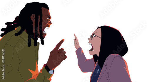 Animated argument between african male and asian female with intense expressions