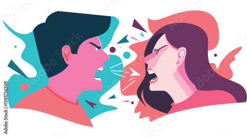 Illustration of a heated argument between a caucasian male and female in pink and blue tones