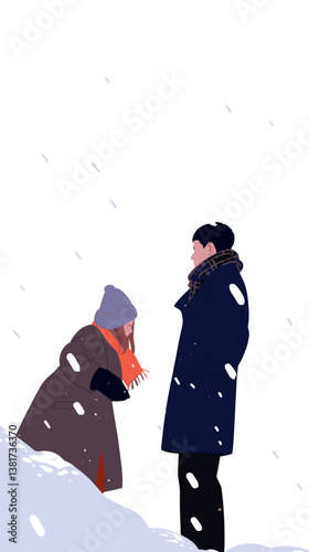 Snowy interaction between caucasian female child and caucasian male adult