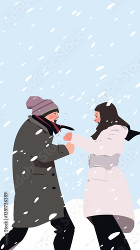 Winter snowfall scene with young caucasian couple engaged in conversation