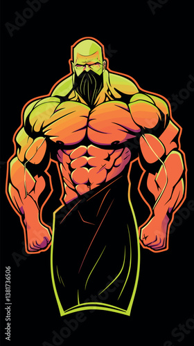Muscular male cartoon character with beard in neon colors