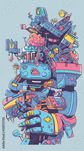 Colorful retro robot with futuristic components and abstract designs