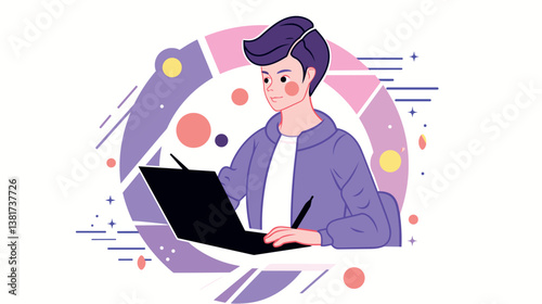 Young asian male artist using drawing tablet in colorful geometric background