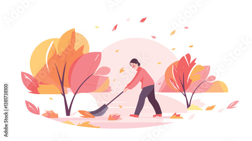 Young caucasian female raking autumn leaves in colorful park scene