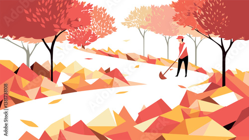 Autumn pathway with red and orange trees and woman sweeping leaves