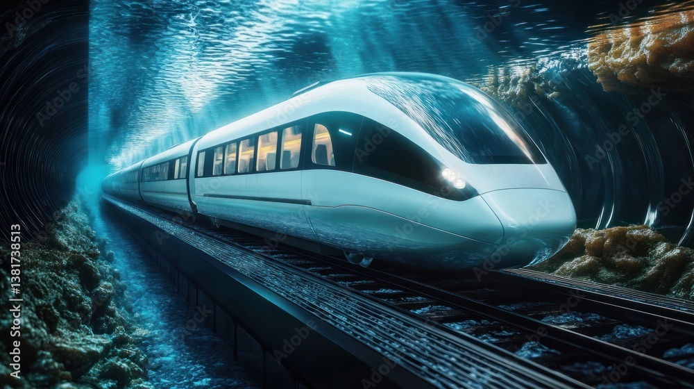 Futuristic underwater high-speed train traversing a transparent tunnel