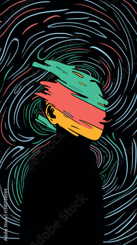 Abstract portrait of male silhouette with colorful swirling patterns