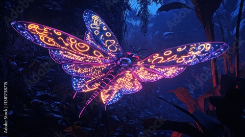 Luminous neon firefly illuminating a mystical, dark jungle under the night sky