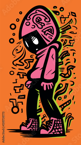 Colorful urban street art featuring abstract hooded character on orange background