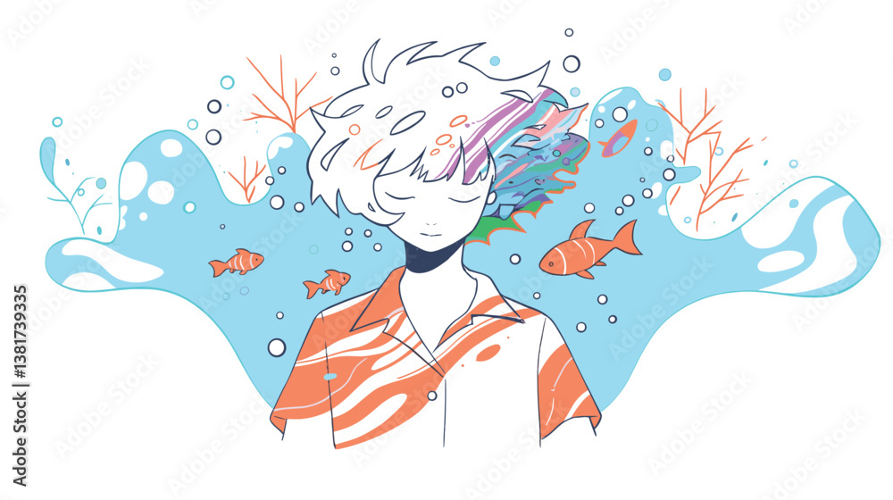 Obraz premium Surreal ocean-themed anime art with dreamy caucasian male teen surrounded by fish and coral
