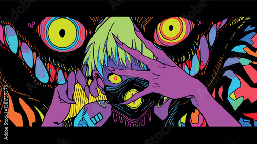 Neon anime art with abstract monster and person wearing mask