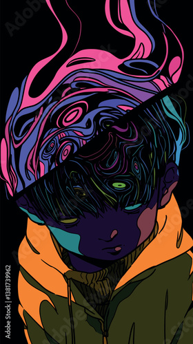 Abstract art of young male with psychedelic hat and orange hoodie