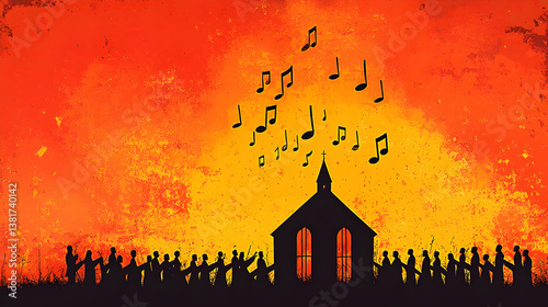 Silhouette of a church with glowing windows a choir and musical notes against a vibrant orange and yellow textured bac