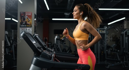 A young woman runs on a treadmill in a modern, well-lit gym, wearing a stylish yellow sports bra and pink leggings, embodying determination and an active lifestyle.