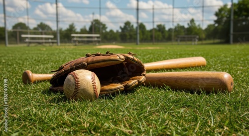 A baseball glove, a ball, and two wooden bats sit on lush green grass. In the background, a bright blue sky complements the vibrant baseball field, creating a perfect sports scene.