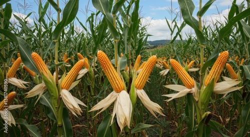 A vibrant field of corn displays golden ears ready for harvest. Lush green leaves contrast beautifully with bright yellow kernels, symbolizing nature's bounty and agricultural abundance.