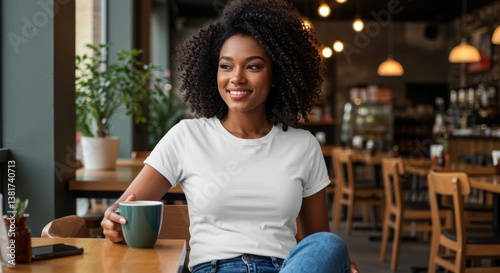A woman with curly hair enjoys coffee in a cozy café. Dressed in a plain white t-shirt, she looks content in the warm, inviting atmosphere of wooden furniture and ambient lighting.
