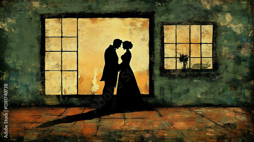 Silhouette of a couple embracing in a room with large windows painted in an impressionistic style