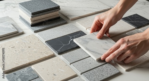 A selection of stone and tile samples on a marble surface, with hands picking a piece that highlights elegant patterns and textures, perfect for interior design projects.