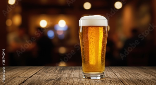 A refreshing glass of beer with thick white foam and bubbles sits on a rustic wooden table, set against a warm, blurred bar background, ideal for social gatherings.