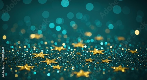 A stunning display of golden stars scattered on a shimmering teal glitter background, creating a magical atmosphere perfect for festive events or creative projects.