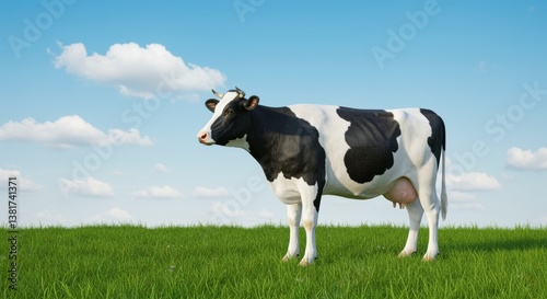 A peaceful Holstein cow stands majestically in a lush green field under a bright blue sky dotted with fluffy white clouds. This idyllic scene showcases the beauty of rural life and animal husbandry.