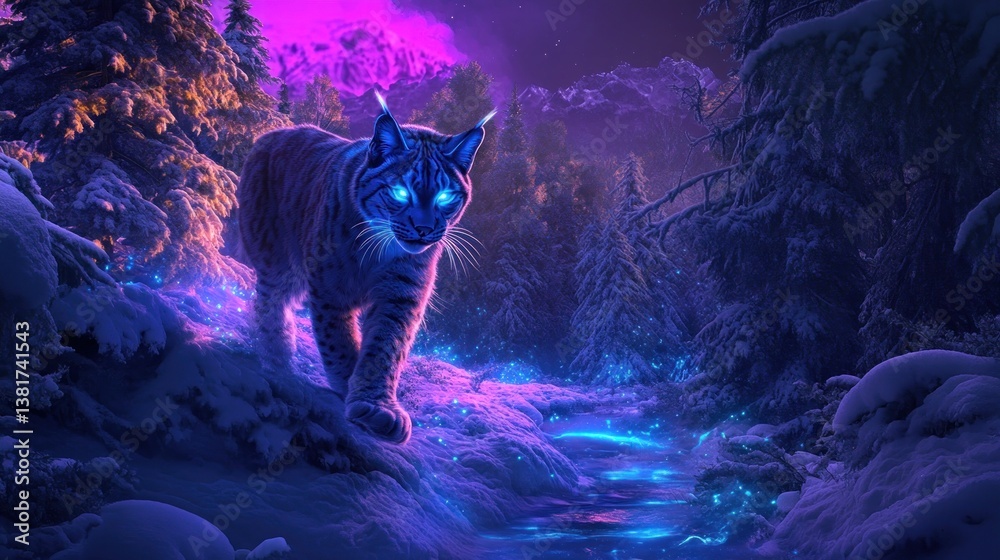 Luminous Lynx: A Bioluminescent Creature in a Winter Wonderland Evening