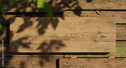 A wooden plank rests on a weathered deck, showcasing natural wood grain patterns. Shadows from foliage create a tranquil, rustic scene, perfect for home decor or nature-themed designs.