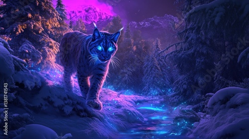 Obraz na płótnie Luminous Lynx: A Bioluminescent Creature in a Winter Wonderland Evening w salonie