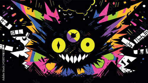 Colorful abstract art with three-eyed monster and geometric patterns