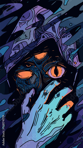 Abstract surreal art with mysterious eyes and hand illustration