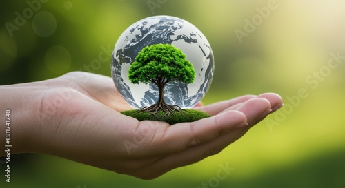 A hand gently holds a vibrant green tree on moss, beneath a clear globe of Earth. This scene symbolizes nature preservation and embodies eco-friendly themes.