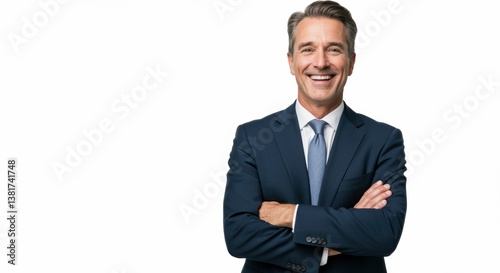 A confident businessman with arms crossed, smiling warmly in a professional suit. He embodies friendliness and teamwork, ideal for themes of corporate success.