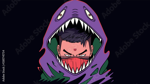Asian male teen in red bandana encased by purple monster with sharp teeth and angry expression