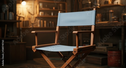A stylish blue canvas director's chair with a wooden frame is set in a rustic workshop, bathed in warm light, surrounded by vintage tools and materials, creating a cozy atmosphere.