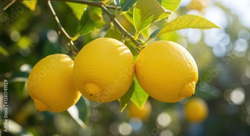A close-up of vibrant yellow lemons on a lush green branch, surrounded by leaves. The sunny atmosphere highlights their freshness, perfect for food and beverage themes.