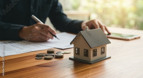 A person is signing documents on a wooden table, with a small house model and stacks of coins nearby. This scene symbolizes real estate transactions, investments, and home buying processes.