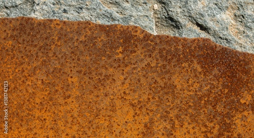 Close-up of a rusted surface showcasing intricate textures and vivid orange hues against rough stone. Ideal for themes of decay, industry, or natural textures.