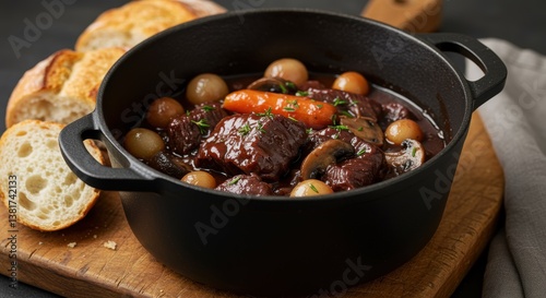 A hearty meal featuring a black pot filled with tender beef stew, garnished with fresh herbs, carrots, mushrooms, and pearl onions. Served alongside crusty bread, perfect for a comforting meal.