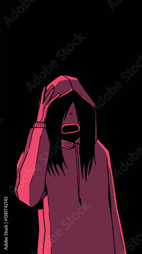 Hooded figure in dark environment with red lighting